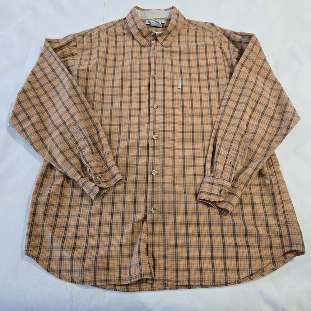 Columbia Button Down Casual Shirt Plaid Orange Tan Brown w/ Breast pocket XL